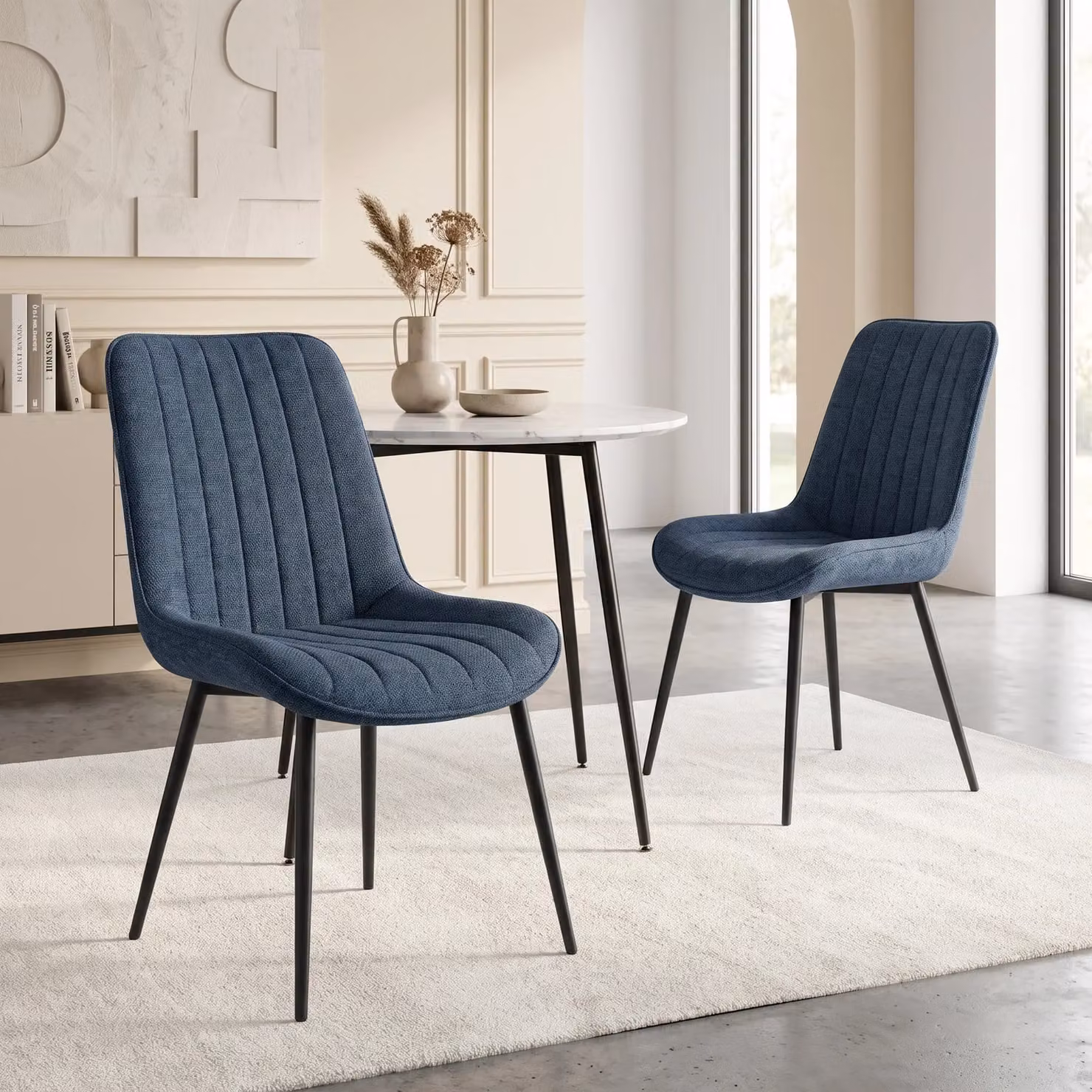 DHS Set of 2 Modern Vertical Striped Fabric Dining Chairs in Blue and Beige