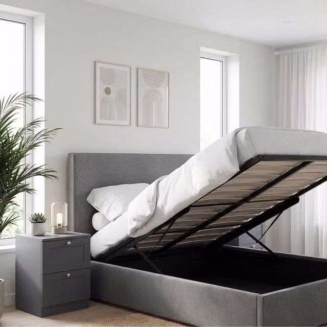 FWStyle Fossil King Size Ottoman Bedframe with Padded Tall Headboard in Grey and Black, 180 x 200 cm