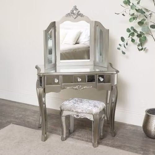 Melody Maison Tiffany Range Ornate Mirrored 3 Drawer Dressing Table, Stool and Mirror Bedroom Furniture Set in Metallic Silver