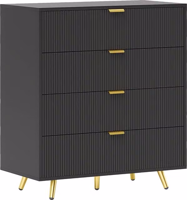 HOMCOM Black Fluted Bedroom Chest of Drawers with 4 Drawers and Gold Tone Handles – 1