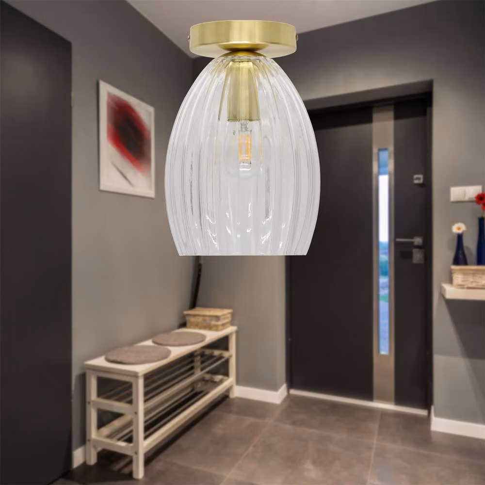 First Choice Lighting Birch Cylinder Ceiling Light Fitting with Transparent Glass and Gold Brass Finish – 2