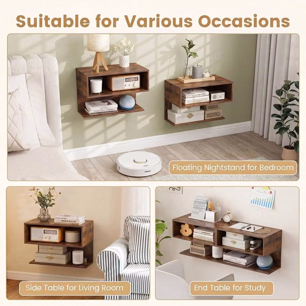 VOGREX Set of 2 Small Brown Wall-Mounted Bedside Tables – 4
