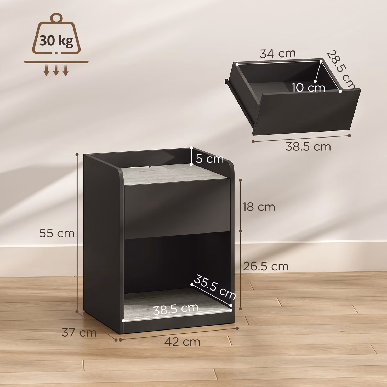 HOMCOM Modern Bedside Table with Drawer and Shelf in Black and Grey Wood Effect, W: 37.0 cm, D: 42.0 cm, H: 55.0 cm – 3