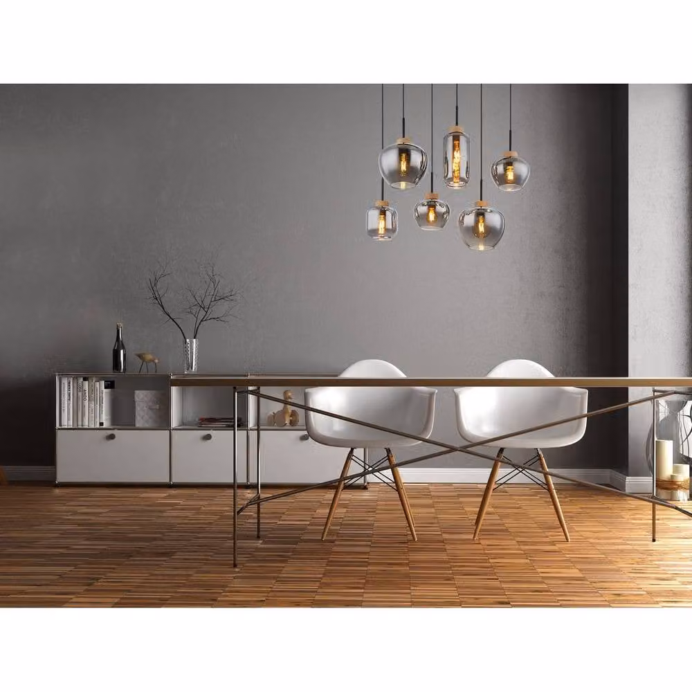 Globo Lighting 6-Light Modern Suspended Pendant Lamp in Matt Black and Wood, W/D/H: 120 x 40 x 40 cm – 4