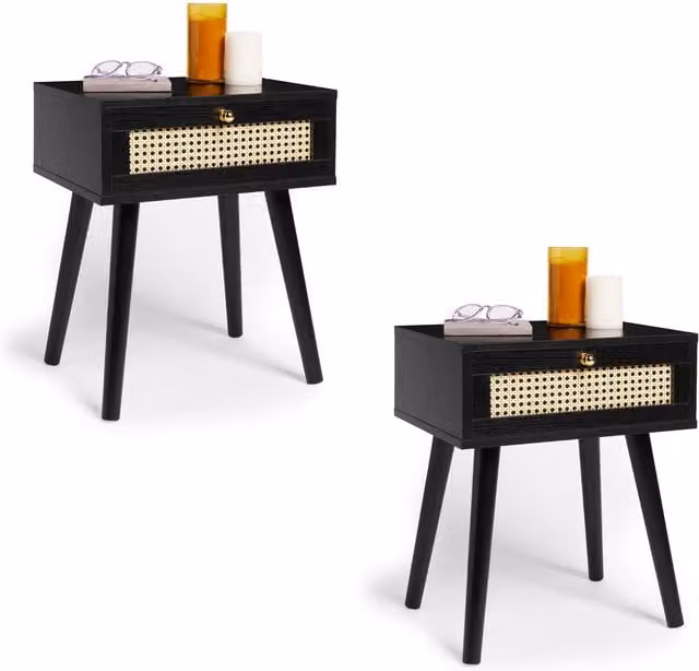 Spinningfield Set of 2 Black and Gold Rattan Effect 1 Drawer Side Tables W/D/H: 35.0 x 45.0 x 53.5 cm – 1