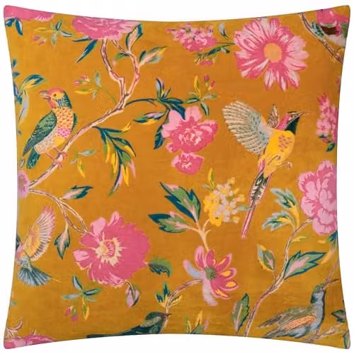 Riva Home Wylder Aviary Gold Cotton Velvet Decorative Cushion, W/D/H: 50 x 50 x 5 cm