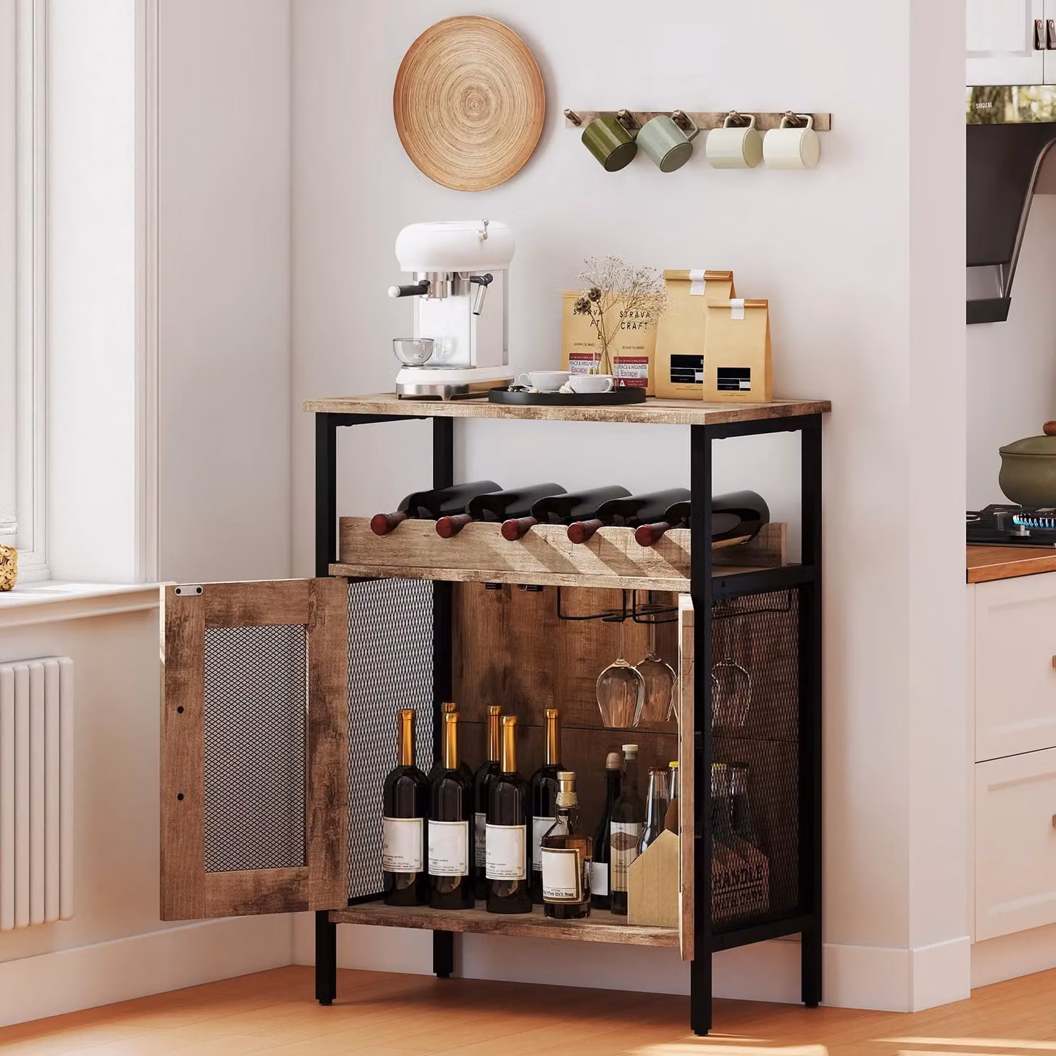 Gymax Industrial Wine Bar Cabinet with Removable Wine Rack and Glass Doors in Grey Wash – 5