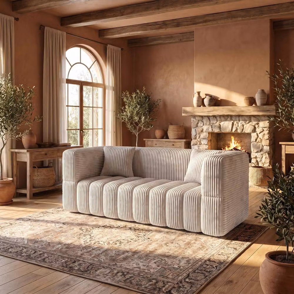 RUMMY Modern 2 Seater Upholstered Foam Sofa with Armrests and 2 Scatter Cushions in Beige – 5