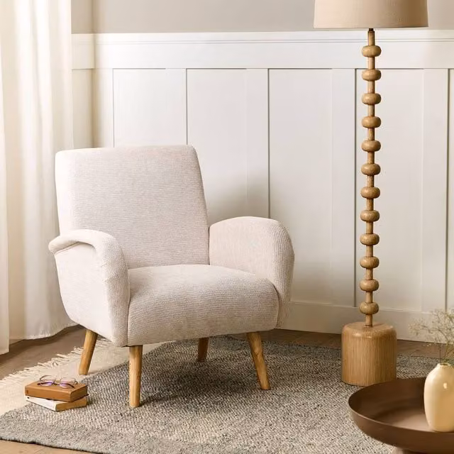 Wyld Haus Beige Fabric Wide Tub Armchair with Rubberwood Legs