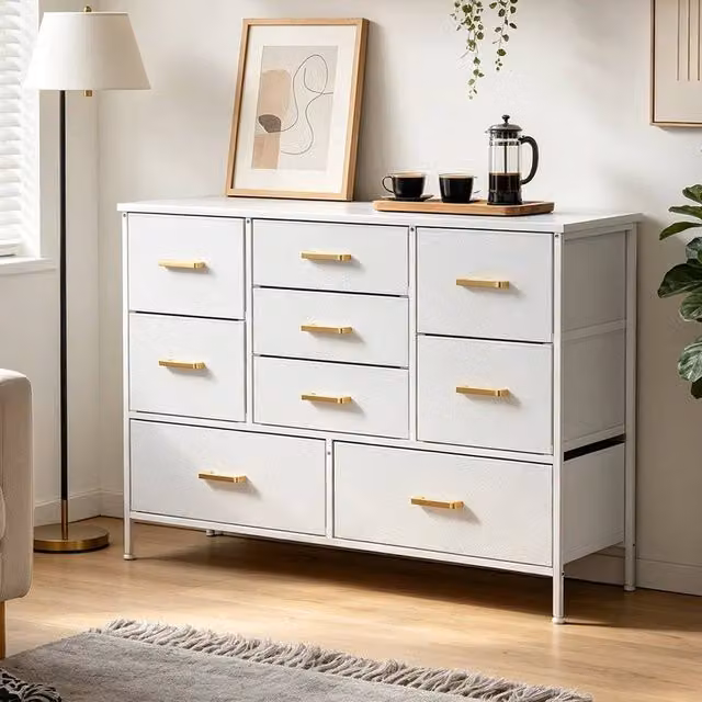 KORVIXA Modern White Tall Dresser with 9 Drawers and Gold Accents