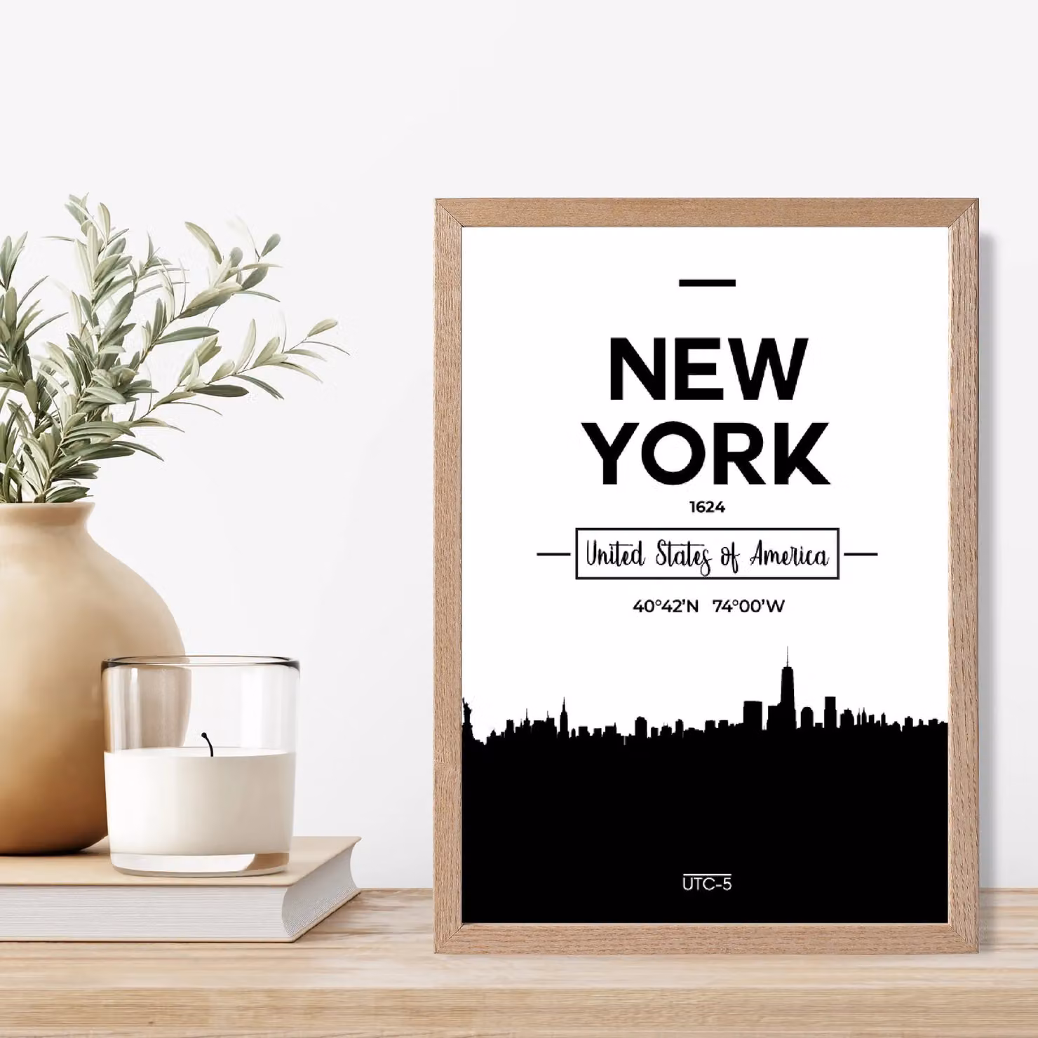 ARTZE New York Black and White City Skyline Framed Paper Poster with Oak Frame – 2