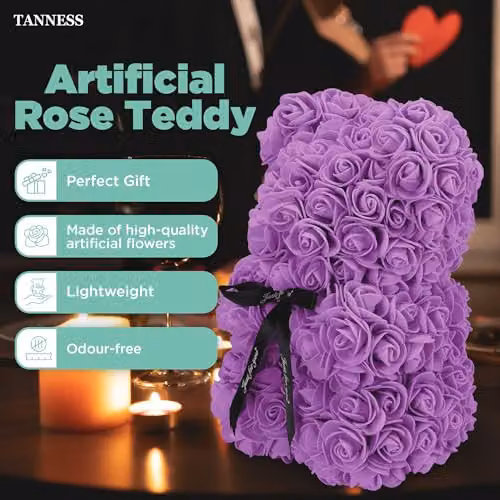 Tanness Purple Artificial Rose Bear with Transparent Gift Box and Black Ribbon, 25 cm – 2