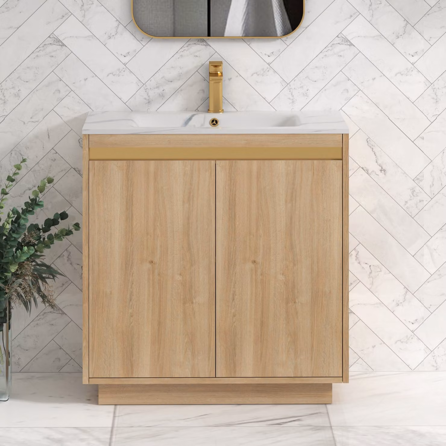 Royal Bathrooms Orion 800mm Floor Standing 2 Door Vanity Unit in Natural Oak with Carrara White Basin and Brushed Brass Trim