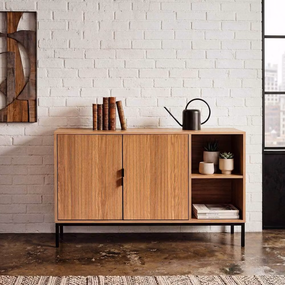 CALICOSY 2-Door Sideboard with 2 Open Niches, Grooved Wood Effect in Light Brown, W: 110 cm, D: 40 cm, H: 72 cm – 2