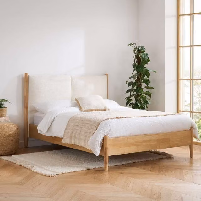 Birlea Marley Upholstered King Size Bed in White Fabric and Natural Oak Wood