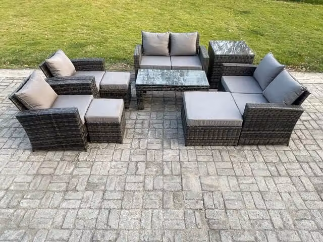 Fimous 9 Seater Dark Grey Rattan Garden Furniture Set with High Back Sofa, Armchairs, Coffee Table, Love Seat, Footstools and Side Table