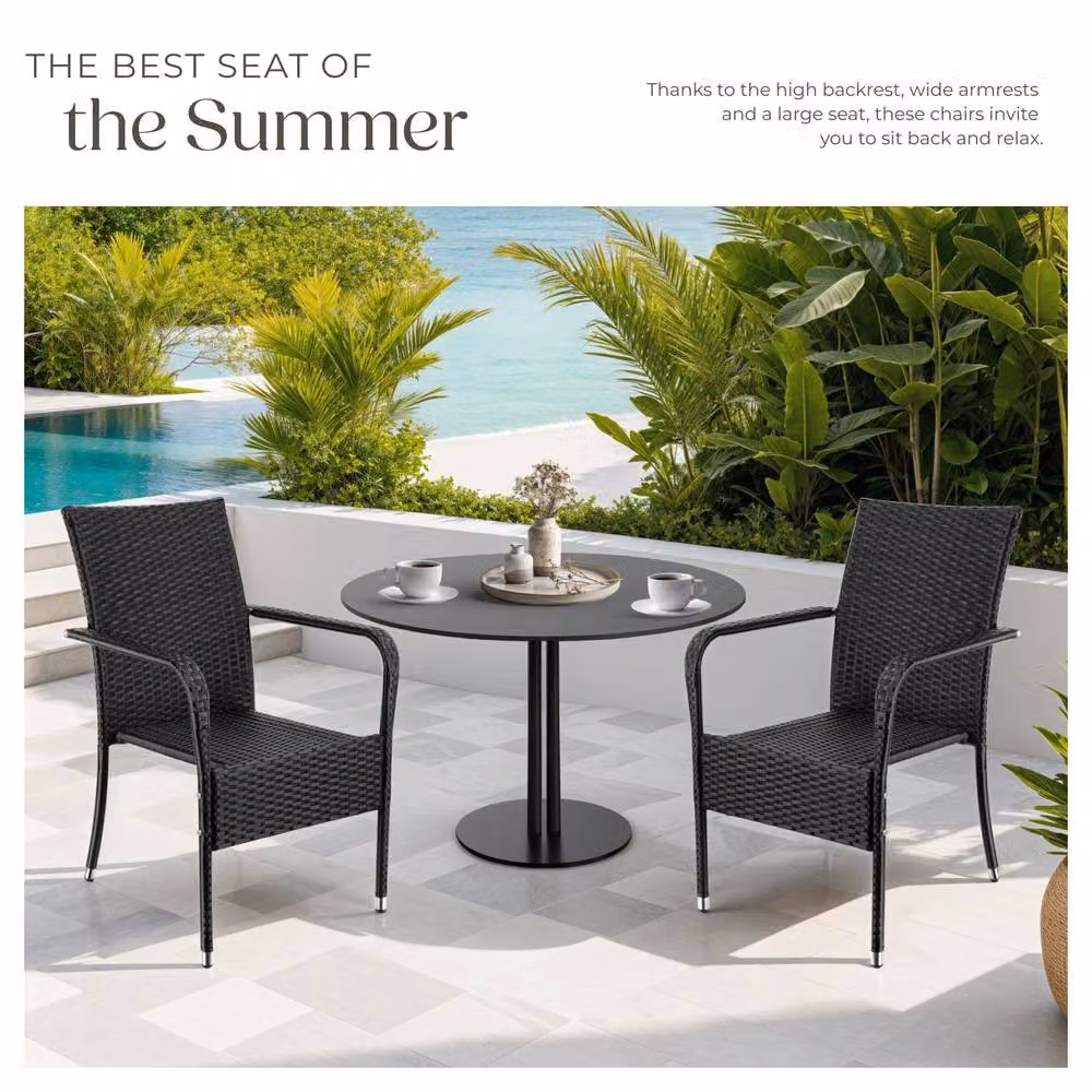 tectake Set of 8 Modern Polyrattan Garden Chairs with Steel Frame in Black and Grey, H 90.0 x W 58.0 x D 45.6 cm – 8
