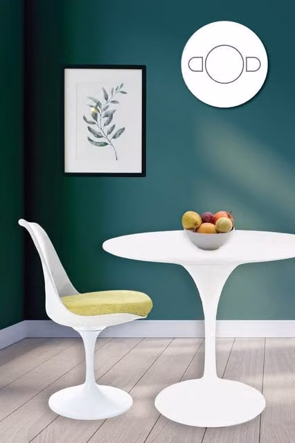 Fusion Living Tulip Dining Set with White Round Table and Two Chairs with Green Cushions
