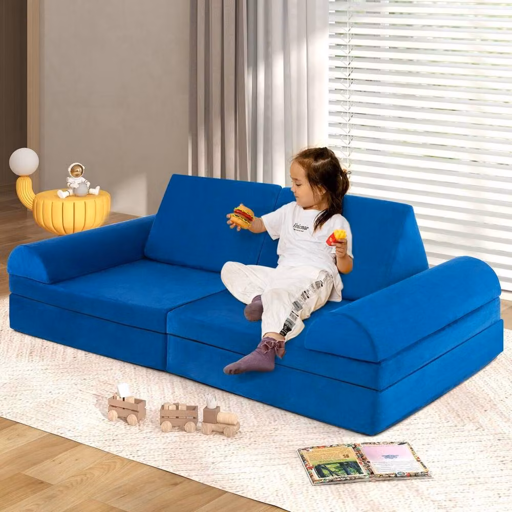 Costway 6-Piece Modular Convertible Foam Kids Play Couch Sofa Playset in Blue – 7