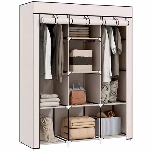 HOMCOM White Fabric Wardrobe with Internal Shelves and Hanging Rod, W/D/H: 125 x 43 x 162.5 cm – 1