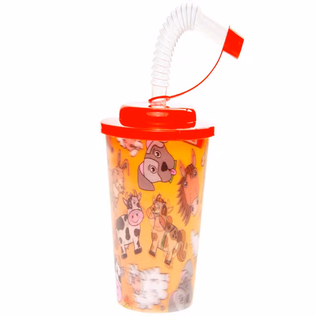 Pack of 12 Multicolour Farm Animal 3D Plastic Mugs with Lids and Straws for Children, 250 ml