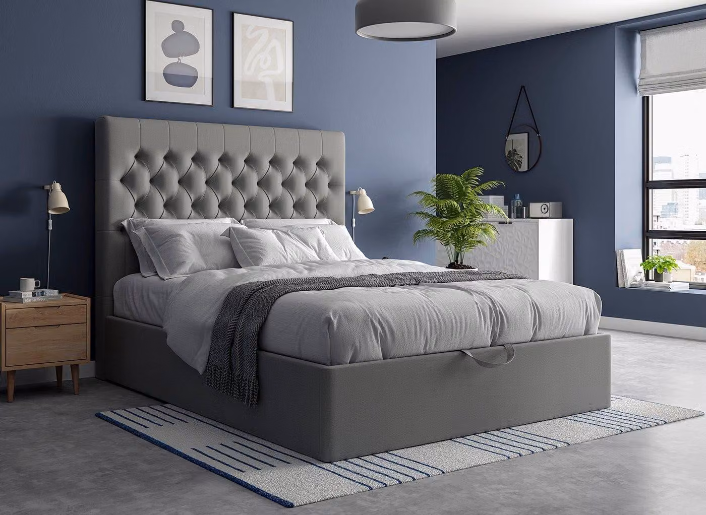 Ergomotion Grey Fabric Upholstered Chesterfield Ottoman Bed Frame with Lift Up Base