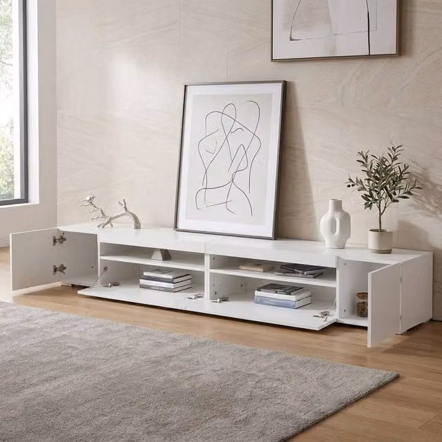 STILVORA Modern White MDF TV Stand with Integrated LED Lighting and Media Compartments, Width: 240 cm – 1