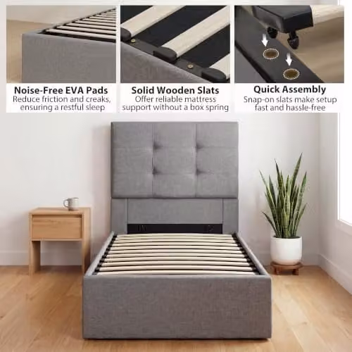 HOMCOM Upholstered Ottoman Bed with Lift Up Base, Grey, W/D/H: 90 x 190 x 35 cm – 6