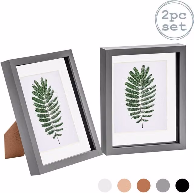 Nicola Spring Pack of 2 Rectangular 3D Box Photo Frames in Grey and White with 5x7 inch Mount, W/D/H: 25.4 x 20.32 x 25.4 cm