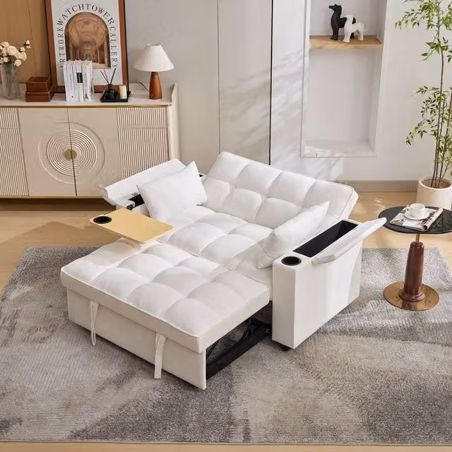 BTM 2-Seater Click Clack Sofa Bed in White with Cup Holders and USB Ports