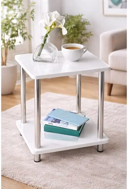 SPOT ON DEALZ Modern White 2-Tier Side Table with Stainless Steel Legs, W/D/H: 41 x 29 x 41 cm