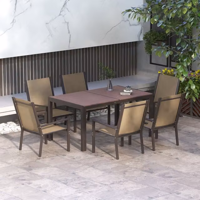 Outsunny 7 Piece Garden Dining Set with Rectangular Table and 6 Stackable Chairs in Khaki