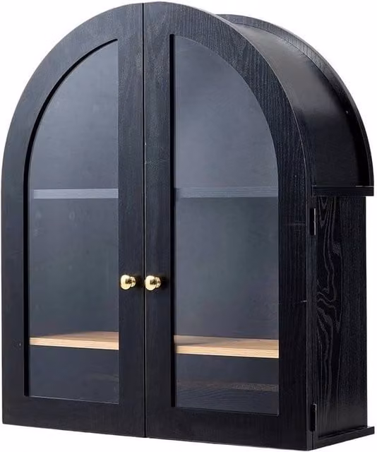 KORVIXA Arched Wall Mounted Storage Cupboard with Hinged Doors in Black and Gold, W: 60 cm, H: 60 cm