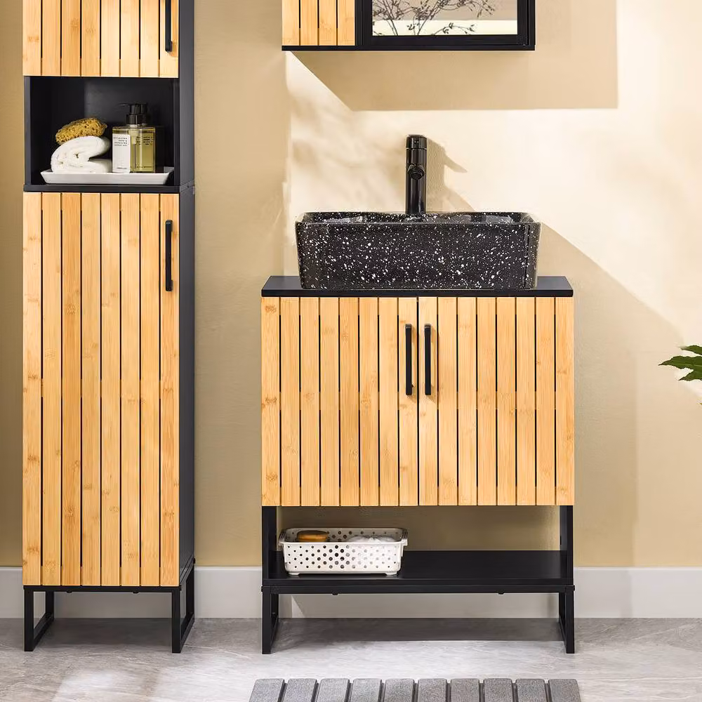 SoBuy Modern Under Sink Bathroom Cabinet with Natural Bamboo Hinged Doors and Black Metal Frame – 4