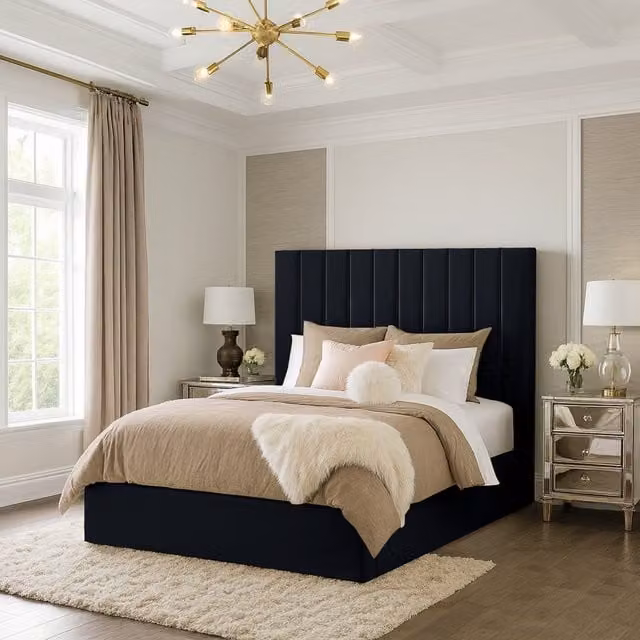 Desire Deco Valentina Upholstered Velvet Bed Frame in Black, 200 x 200 cm