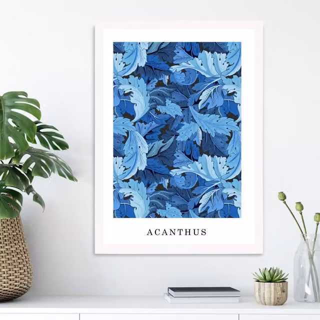 ARTZE William Morris Acanthus Floral Art Print in Bright Blue with White Frame, A4