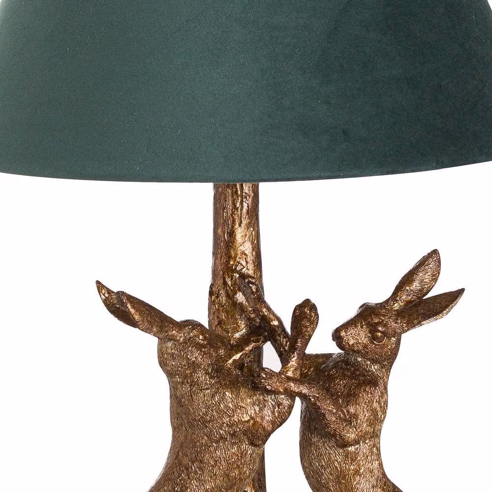 Wyld Haus Sault Antique Gold Marching Hares Table Lamp with Green Velvet Shade – 4