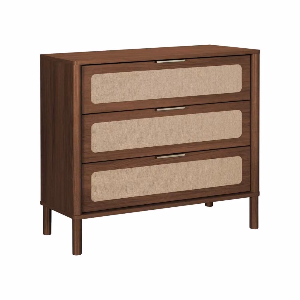 sweeek Vintage 3-Drawer Chest of Drawers with Wood Decor and Cane in Dark Brown and Gold – 2