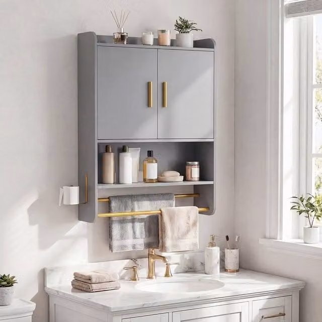 Costway Modern Wall Mounted Grey Bathroom Medicine Cabinet with Mirror and Internal Shelves – 1