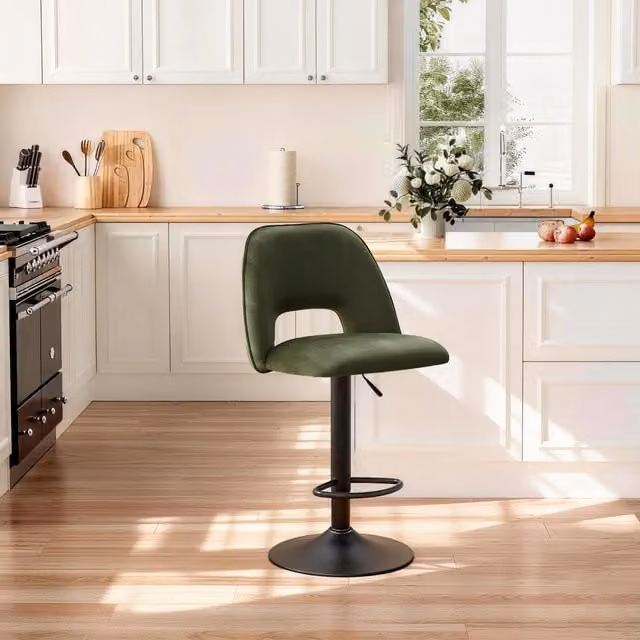 Sonara Modern Swivel Bar Stool with Velvet Upholstered Frame and Metal Base in Green