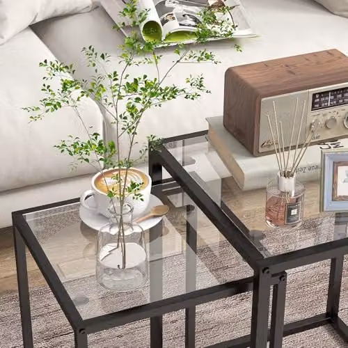 HOMCOM Nesting Tables Set of 2 with Tempered Glass Tops and Steel Frame, Black – 5