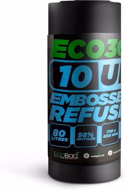 Ecobag 10-Pack Black Embossed Drawstring Bin Liners, 80 Litre