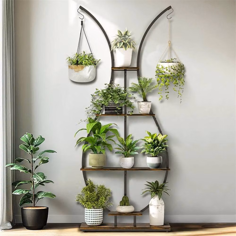 Kelvenix Large Industrial Metal and MDF Plant Stand Vase Shape Ladder Flower Shelf in Matt Brown – 4
