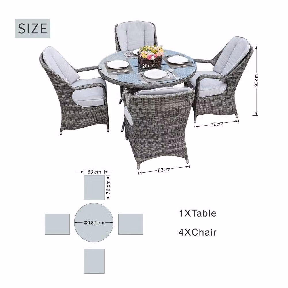 Direct Wicker 4-Seater Round Garden Dining Set in Grey with Powder Coated Aluminium Frame and Glass Top – 2