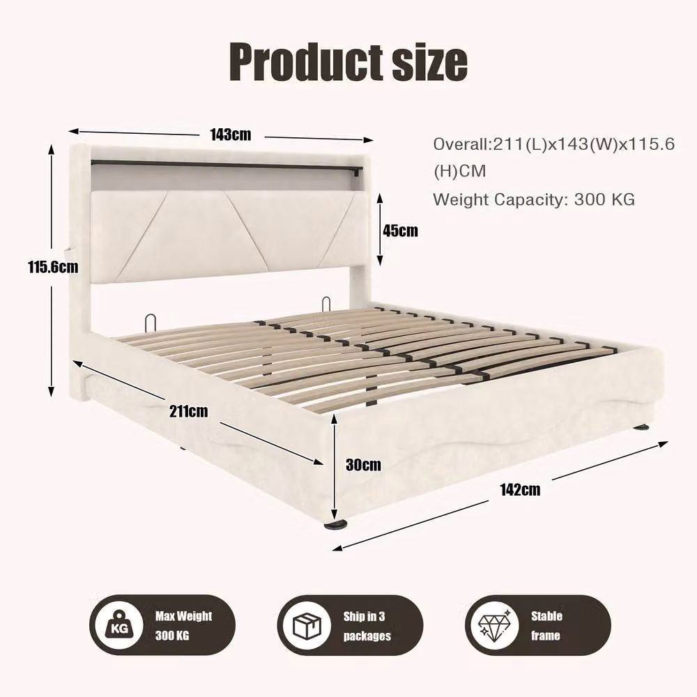BTM Double Upholstered Hydraulic Storage Bed with LED Lighting, Shelves and USB Charging Ports, Beige, W: 135 cm, L: 190 cm – 2