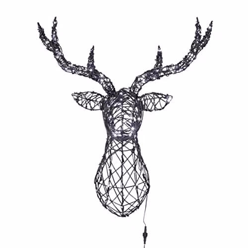 Lights4fun Rattan Reindeer Stag Head Christmas Decoration with 150 Dual Colour LEDs and Timer, Grey and White, W: 80 cm, H: 70 cm, D: 33 cm – 3