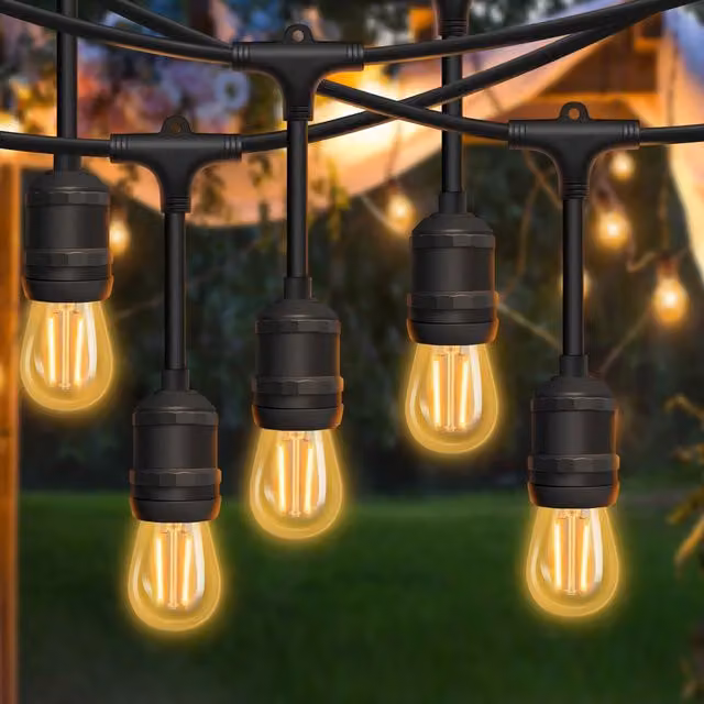 Livingandhome 10m Black Drop String Lights with 15 E27 Holders and Warm White Illumination