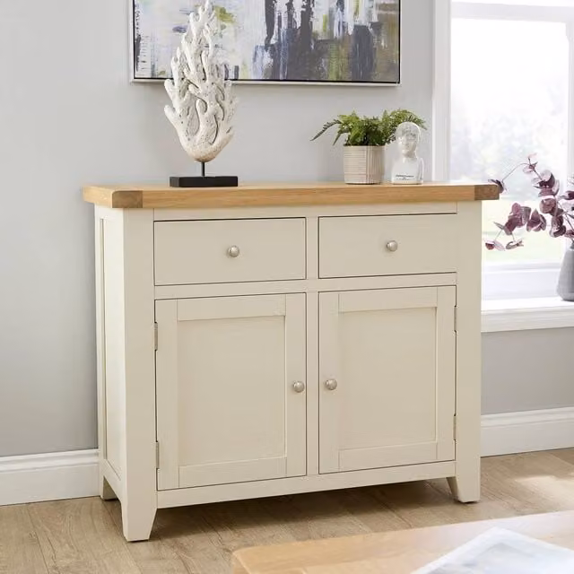 Home Source Melbourne Sideboard with 2 Drawers and 2 Doors, White and Oak Wood Cabinet, W/D/H: 81 x 40 x 97 cm