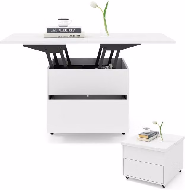 Costway 3-in-1 Folding Lift Top Coffee Table with Hidden Storage in White – 1
