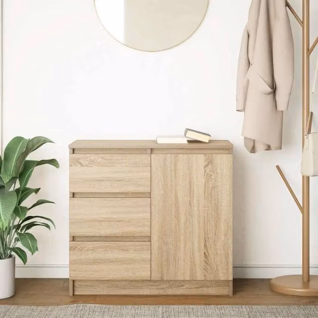Berkfield Home Sonoma Oak Sideboard with Drawer in Light Tan, W/D/H: 71 x 35 x 65 cm